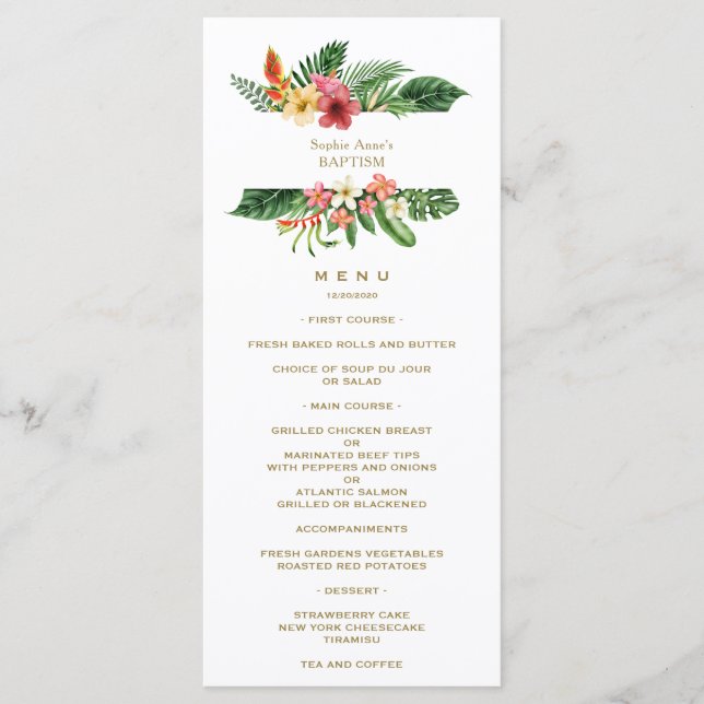 Hawaiian Luau Tropical Flowers Menu Baptism (Frente)