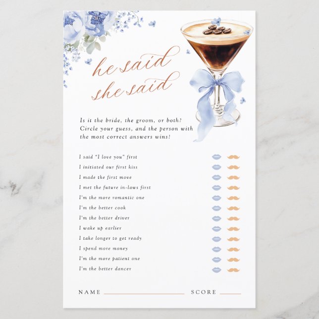 He Said She Said Blue Bow Bridal Shower Game (Frente)