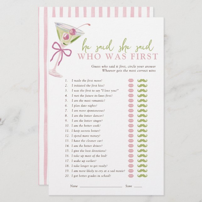 He Said She Said Chic Martini Bridal Game (Frente/Verso)