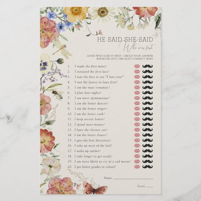 He Said She Said Pressed Wildflower Shower Game (Frente)