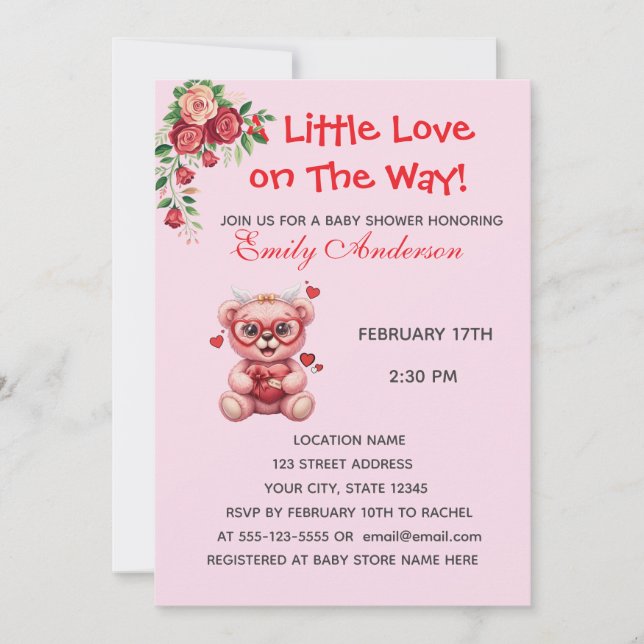 Heart Glasses Teddy Bear Pink Baby Shower Invite (Frente)