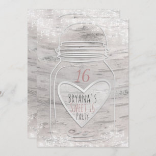 Heart Mason Jar & Lights Birch Sweet 16 Convite