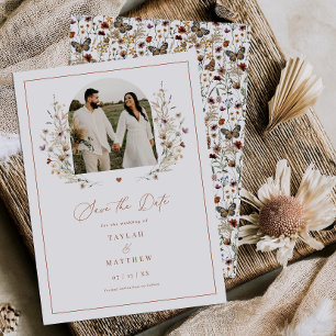 Heart Wildflower Save The Date Boho Cartão com fot