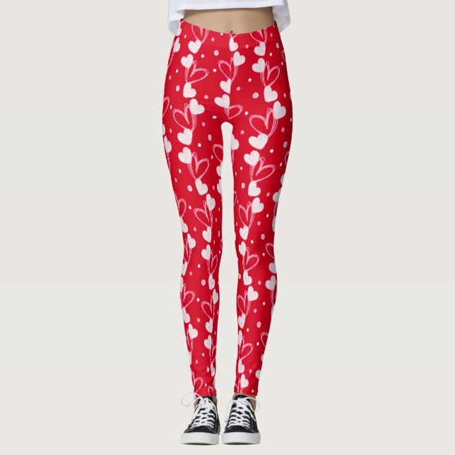 Hearts doodles pattern, Red, Leggings (Frente)