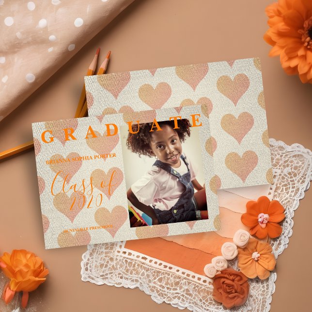 Hearts Pre-K Graduate Simple Photo Textile Texture (Light Orange Heart Pattern Graduation Photo Announcement Card.)