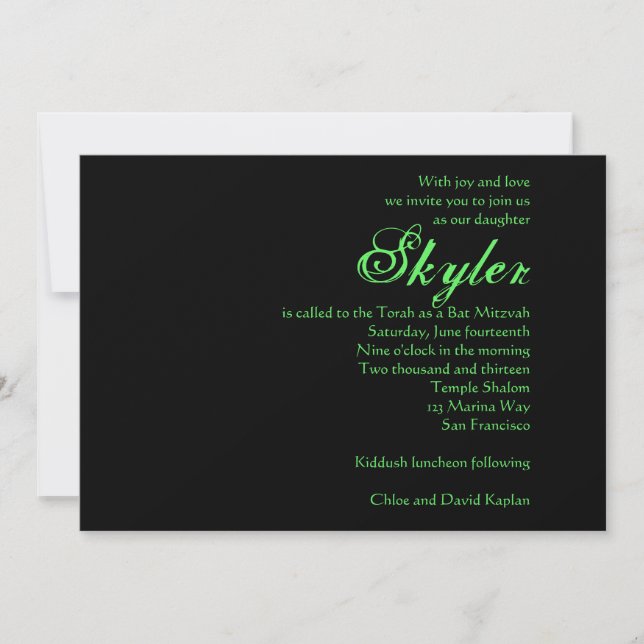 Hebraico Bat Mitzvah Convite Preto Verde (Frente)