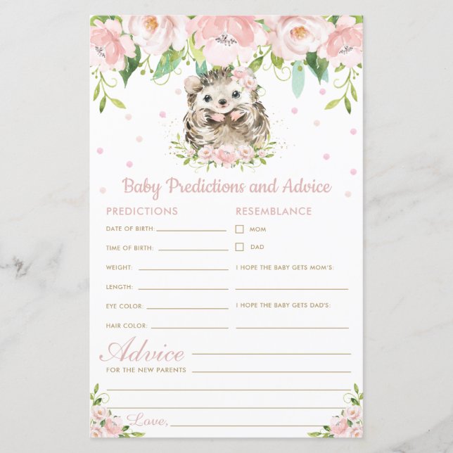 Hedgehog Floral Baby Predictions & Advice Chá (Frente)