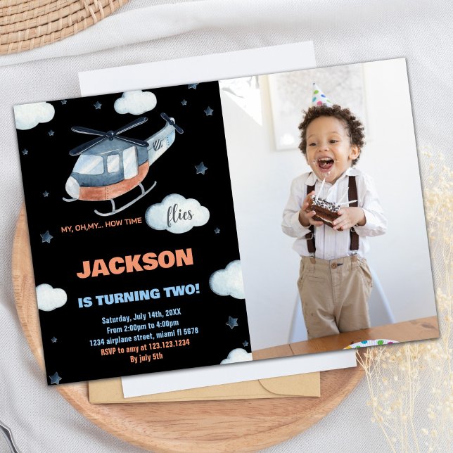 Helicóptero Convite de Aniversário Black BK w foto (Helicopter Birthday Invitations Black BK w photo)