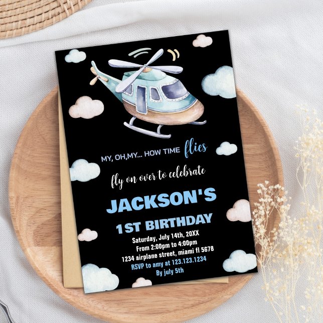 Helicóptero Convite de Aniversário Cinza Azul Pret (Helicopter Birthday Invitations Gray Blue Black BK)
