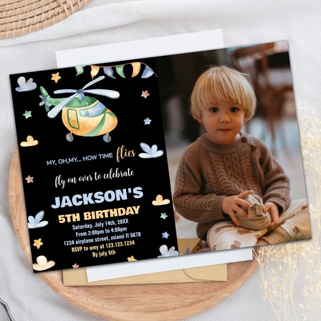 Helicóptero Convite de Aniversário Preto com Foto (Helicopter Birthday Invitations Black with Photo)