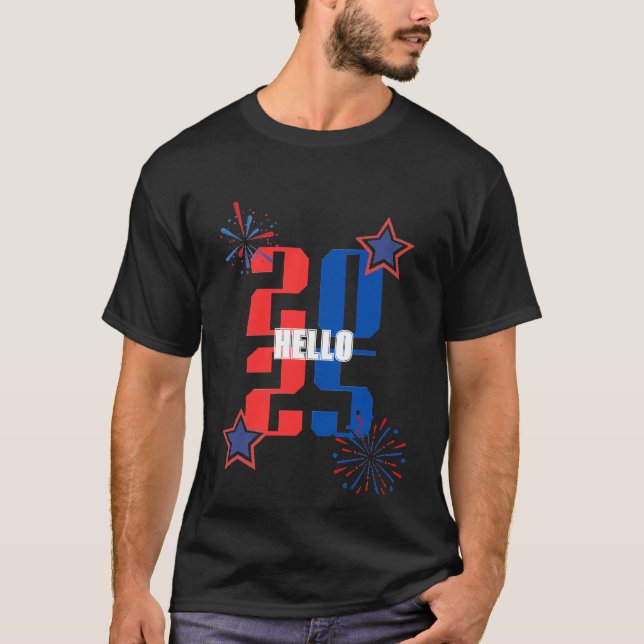 HELLO 2025 T-shirt vermelha e azul (Frente)