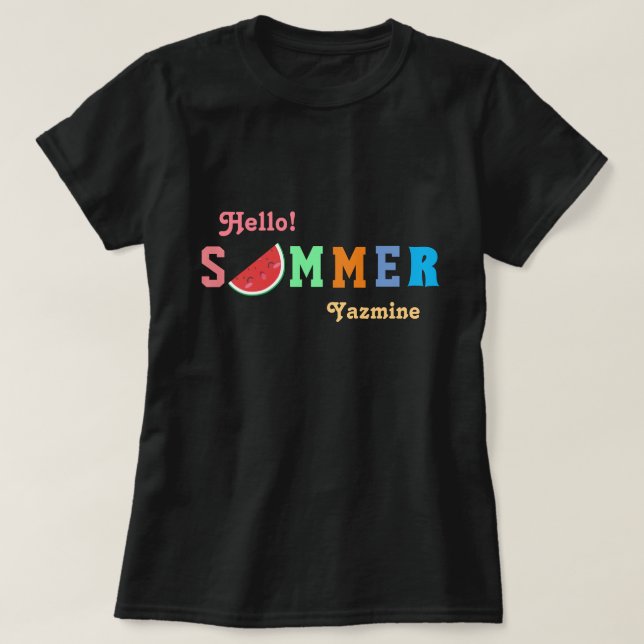 Hello Summer Watermelon Pastel Color Texto T-Shirt (Frente do Design)