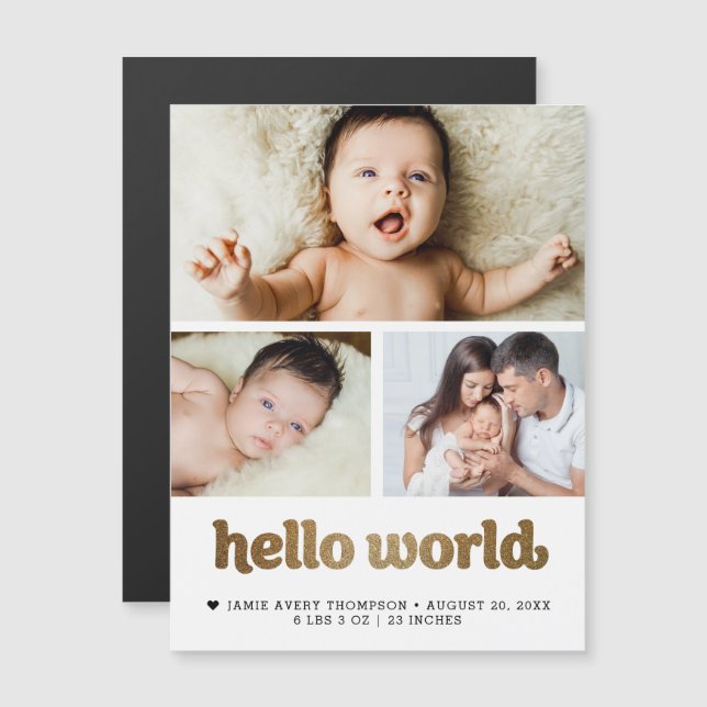 Hello World Gold text Photo Birth Announcement  (Frente/Verso)