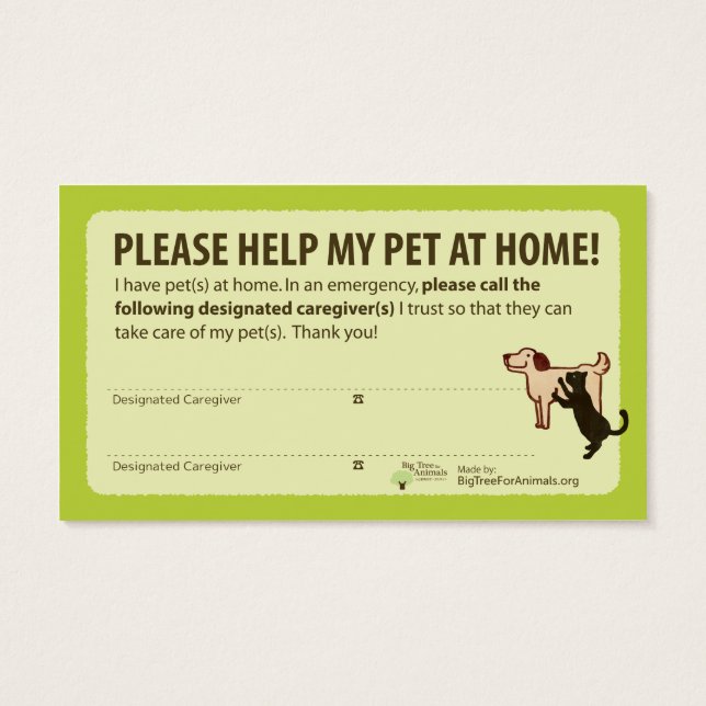 "HELP! I have Pets At Home” Pet Alert Card (Verso)