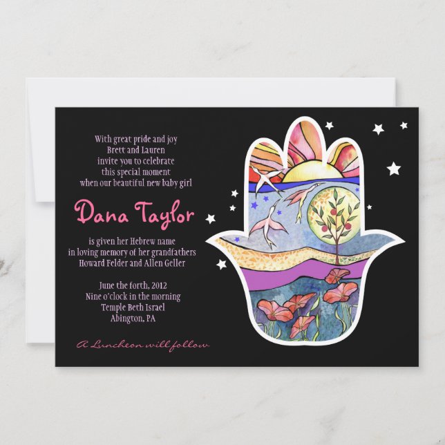 Hemsa Jewish Baby Naming Convite Hebraico (Frente)