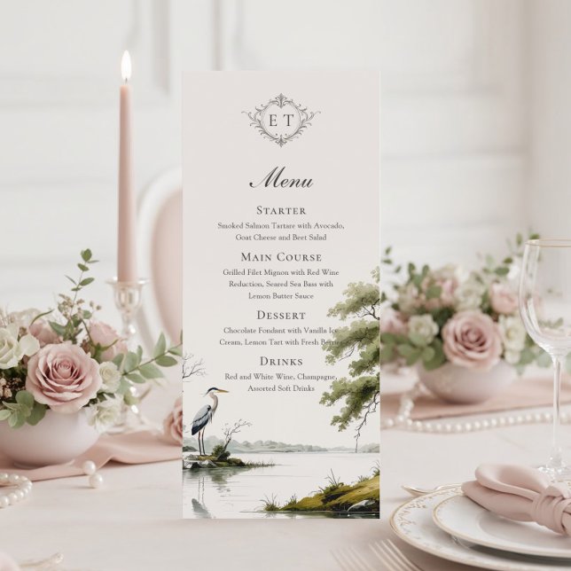 Heron Toile Country Monogram Wedding Flat Menu (Criador carregado)