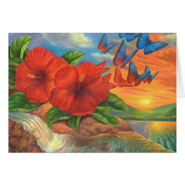 Hibiscus vermelho floral com o cartão surreal das (Frente Horizontal)