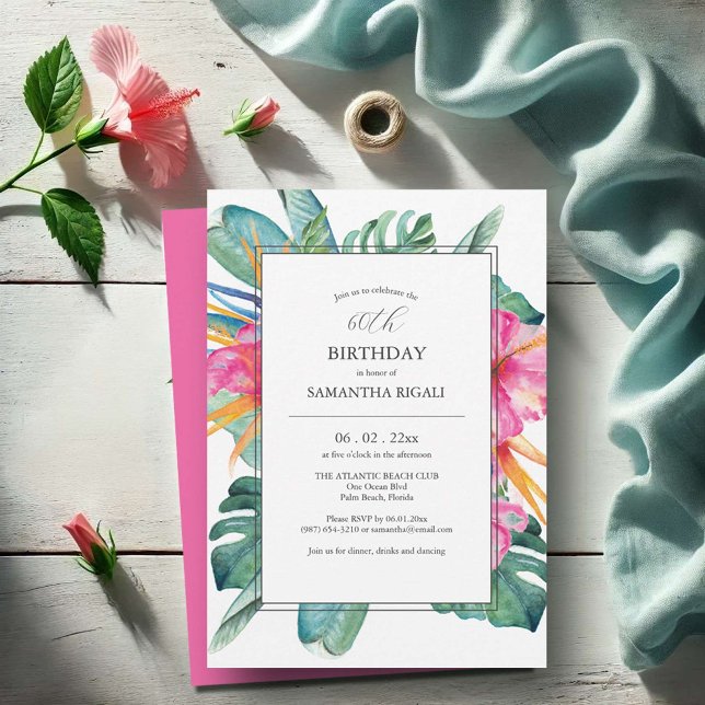 Hibiscus Watercolor 60º Convites de Aniversário, R (60th birthday invitations for women pink tropical luau art by Victoria Grigaliunas)