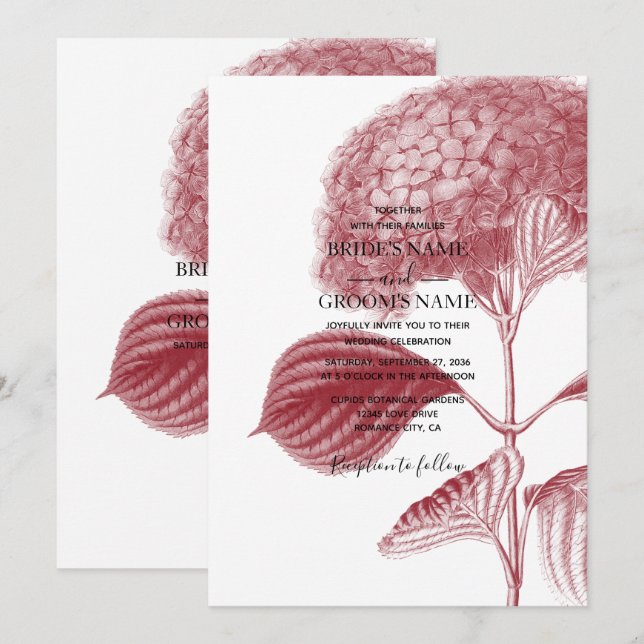 Hídrangea Convite para Casamento Elegante Burgundy (Frente/Verso)