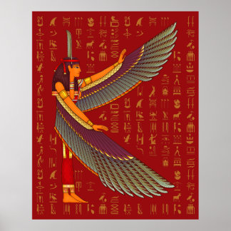 Hieróglifos Dourados de Ma'at em Poster Vermelho