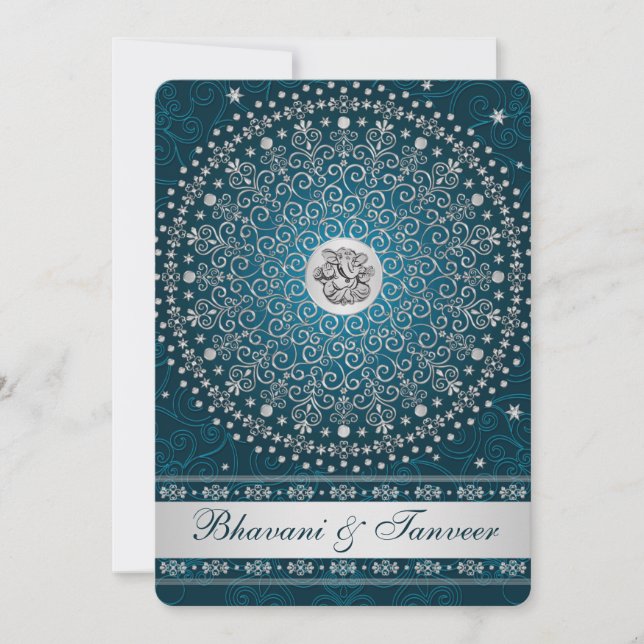 Hindu Ganesh Teal, Silver Scrolls Convite de casam (Frente)