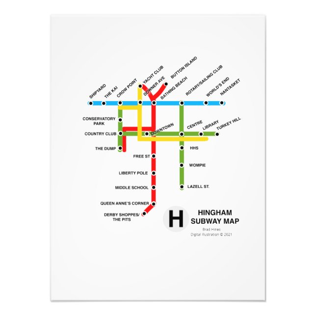 Hingham Massachusetts Subway Map Satire Foto Prin (Frente)