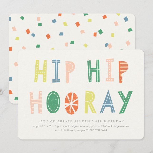 Hip Hip Hooray Birthday Convite - Cobalto (Frente/Verso)