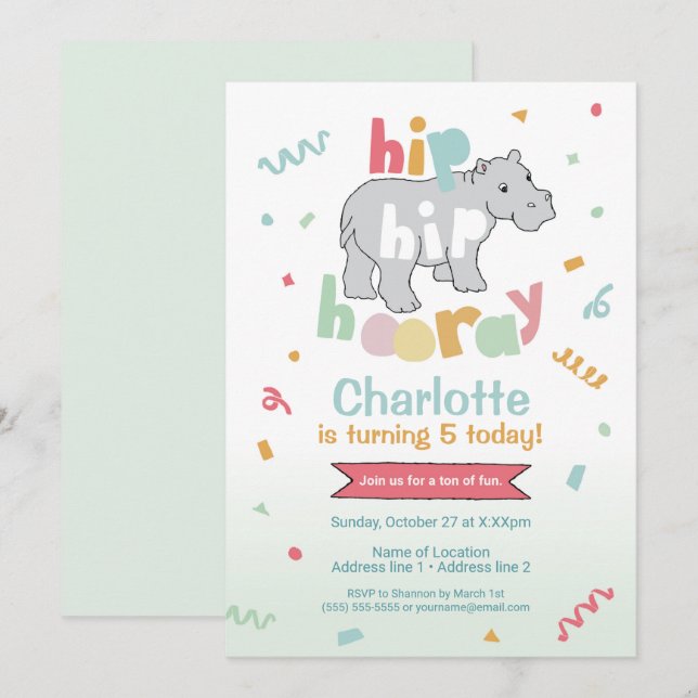 Hip Hip Hooray! Hippo - Convites de Aniversário (Frente/Verso)