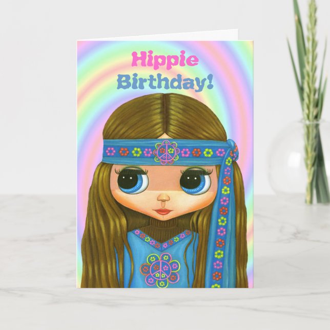 Hippie Birthday! Cartão de boneca de Hippie Azul (Frente)
