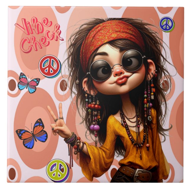 Hippie Quirky Girl Vibe Check Cerâmica Azulejo (Frente)