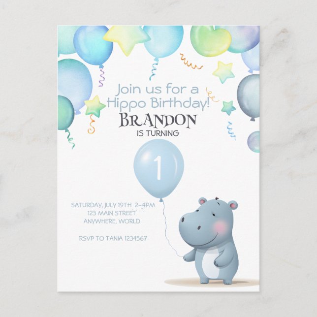 Hippo Birthday — convite simples (Frente)