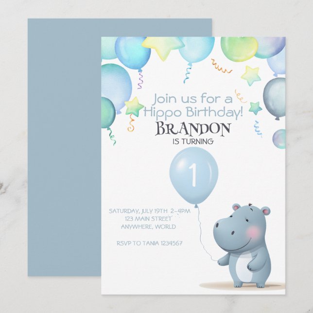 Hippo Birthday — convite simples (Frente/Verso)