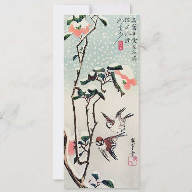 Hiroshige Sparrows e Camellias na Neve (Frente)