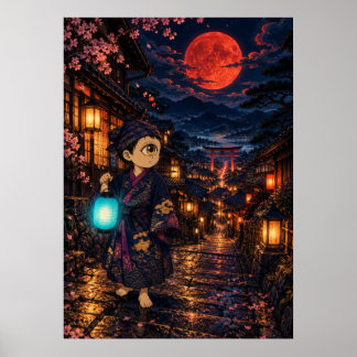 Hitotsume Kozou Japanese Yokai Red Moon Poster