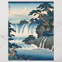 Hokusai Ukiyo-e Japan Waterfall Blue