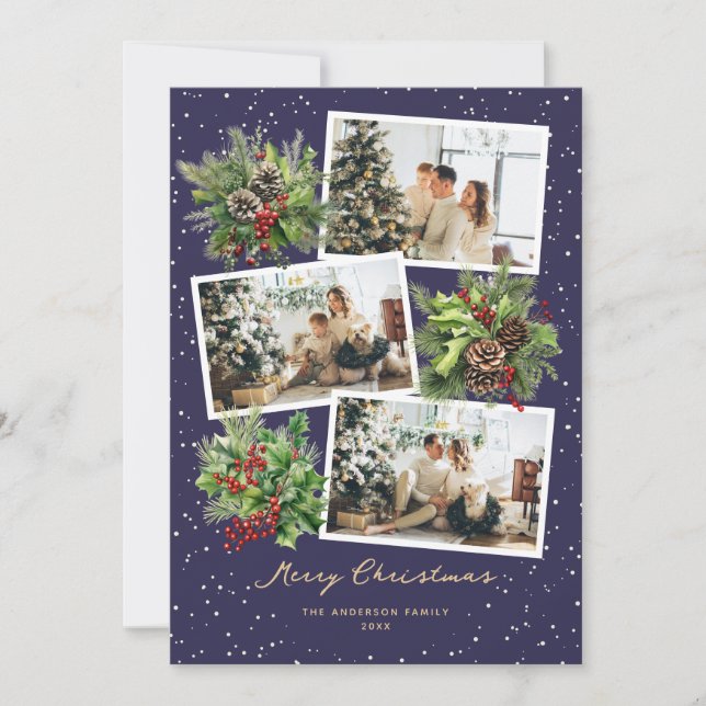 Holly Berries Photo Collage Feliz Cartão de Natal (Frente)