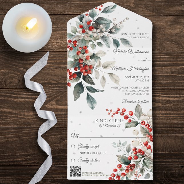 Holly de inverno e flocos de neve com código QR (Criador carregado)