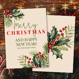 Holly e Pine Red Berries Beige Cartão de Natal