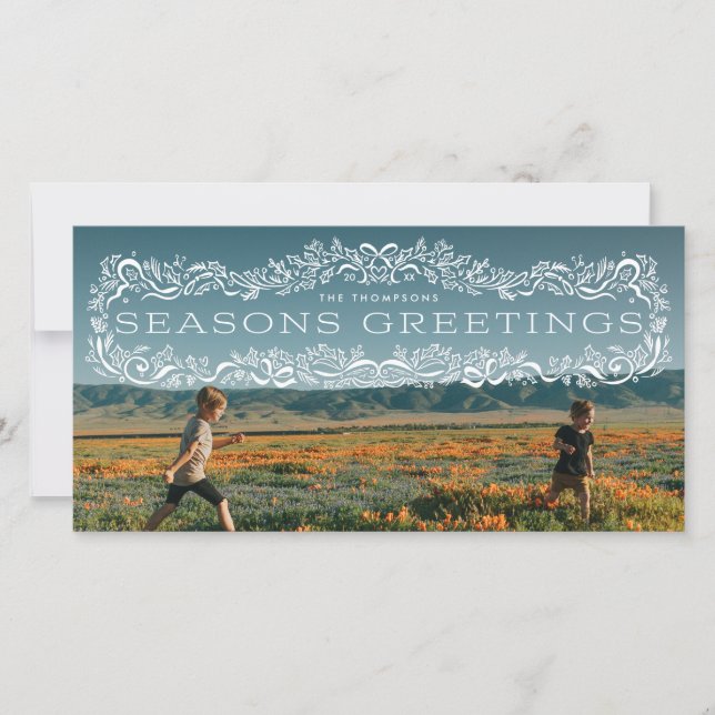 Holly Framed Seasons Greetings Photo Holiday Card (Frente)