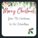 Holly Merry Christmas etiqueta com nomes editáveis<br><div class="desc">Feliz vinheta de Natal Feliz com nomes editáveis. Folhagem festiva e bagas.</div>