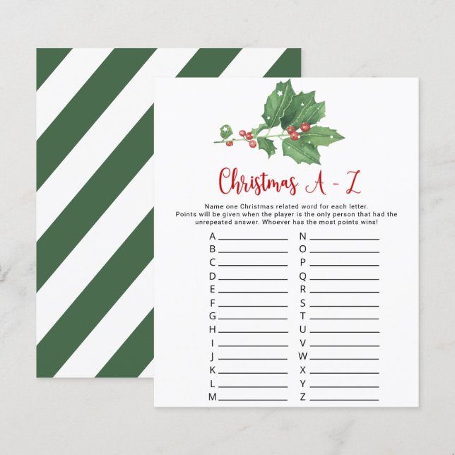 Holly Wreath Christmas A-Z Game Card (Frente/Verso)