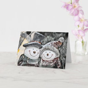 Homem de neve e neve desenhando cartão personalizá