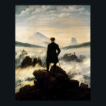 Homem no Poster vintage Superior da Montanha<br><div class="desc">Imagem vítrea de um homem em cima de uma montanha olhando para as nuvens e montanhas.</div>