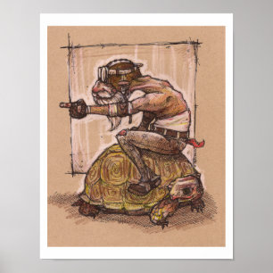 Homem que monta um poster do desenho da tartaruga