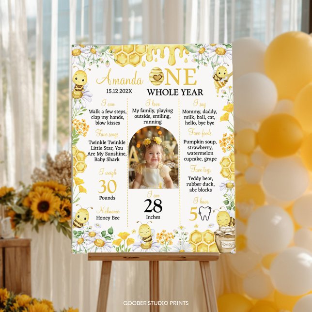 Honey Bee Floral Birthday Photo Milestone Poster (Criador carregado)