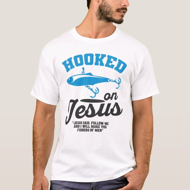 Hooked on Jesus Christian Fishing T-Shirt – Fisher (Frente)