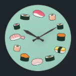 Hora do Sushi! Relógio de Parede Funky (Mint)<br><div class="desc">É tempo sushi o tempo todo com este relógio de parede com um trabalho de arte de sushi fofo!</div>