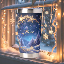 Hora mágica de Natal - Flocos de neve ouro em azul