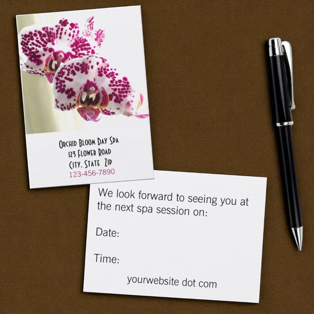 Horário Cartão de Compromisso para Orquídeas Florais Spa S (front and back business and appointment card template)