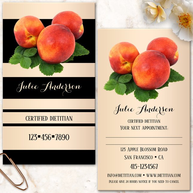 Horário Cartão de visita de Compromisso Nutricionista Diet (Nutritionist business card featuring a striped design in black and light rose gold with peaches)